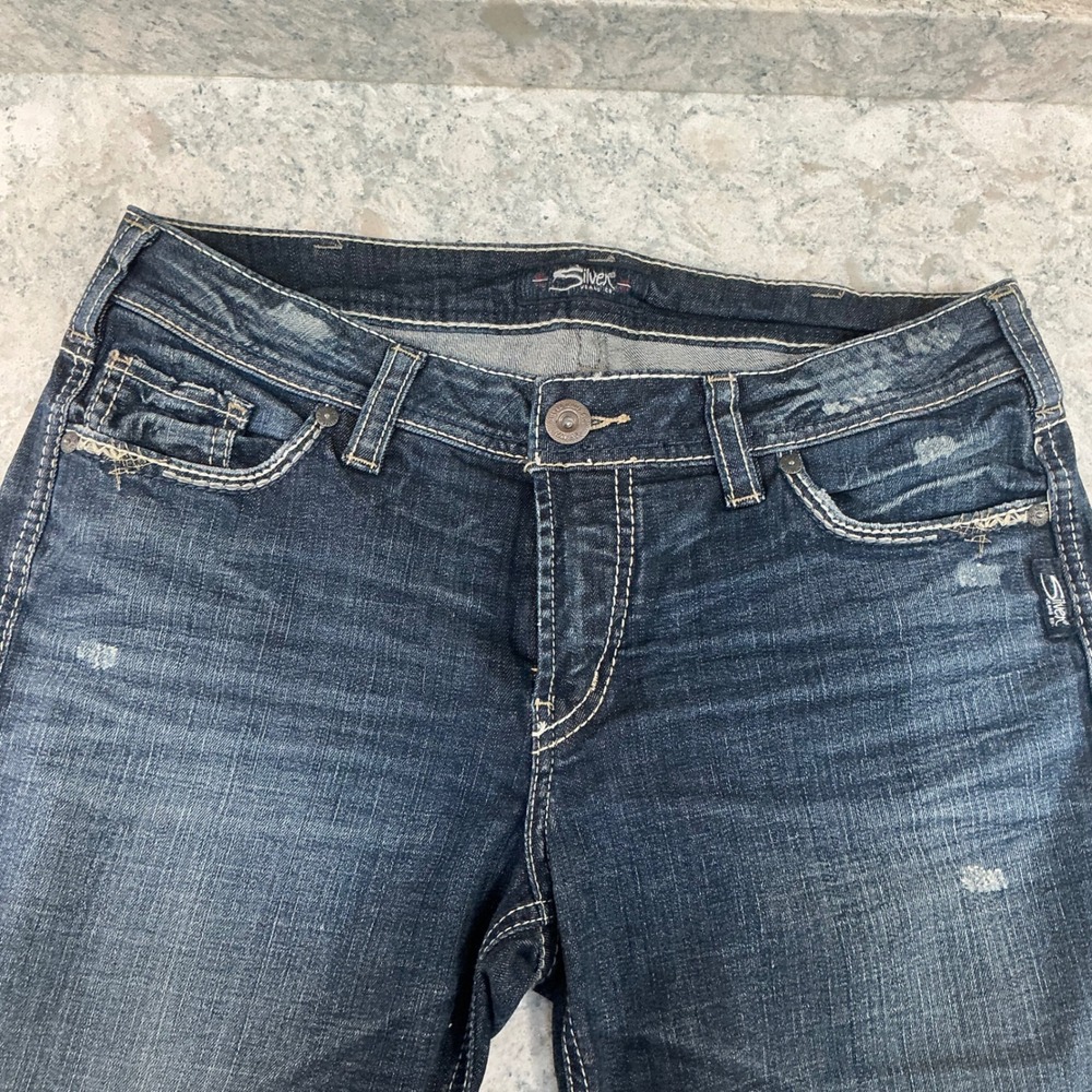 Silver Jeans Co Elyse Capri W30 L22.5 Dk Wash Distress Thick Stitch L43002SJL497